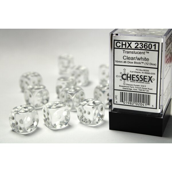 Translucent 16mm d6 with pips (12 Dice Block) - Clear w/white