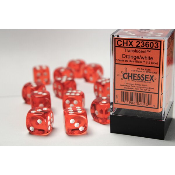 Translucent 16mm d6 with pips (12 Dice Block) - Orange w/white