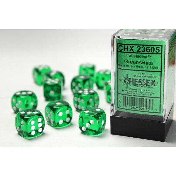 Translucent 16mm d6 with pips (12 Dice Block) - Green w/white