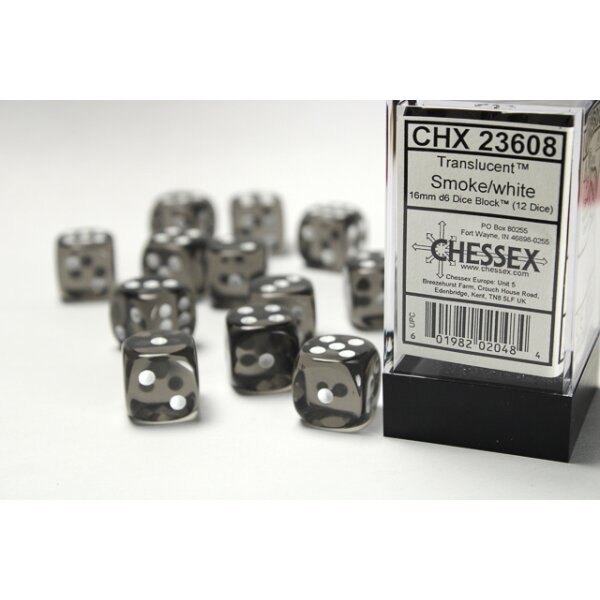 Translucent 16mm d6 with pips (12 Dice Block) - Smoke w/white