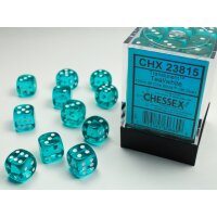 Translucent 12mm d6 with pips (36 Dice Block) - Teal w/white