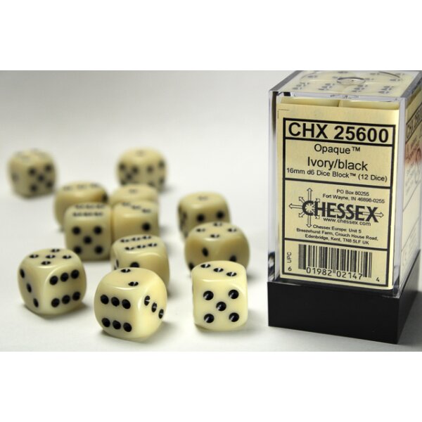 Opaque 16mm d6 with pips (12 Dice Block) - Ivory w/black