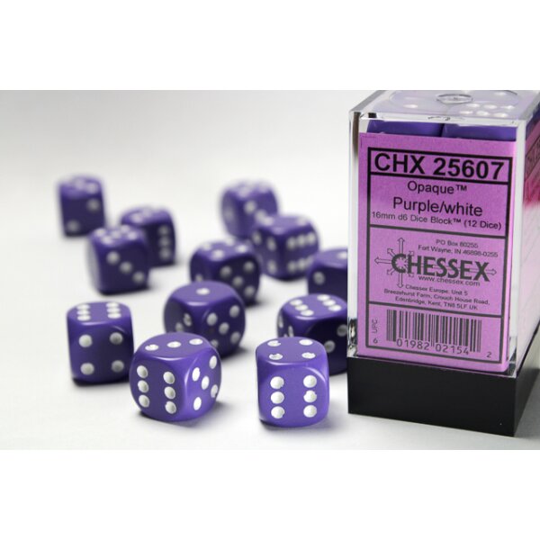 Opaque 16mm d6 with pips (12 Dice Block) - Purple w/white