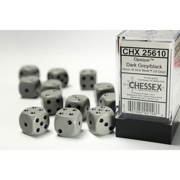 Opaque 16mm d6 with pips (12 Dice Block) - Grey w/black