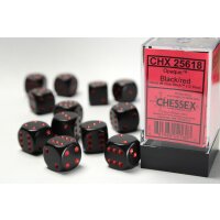 Opaque 16mm d6 with pips (12 Dice Block) - Black w/red