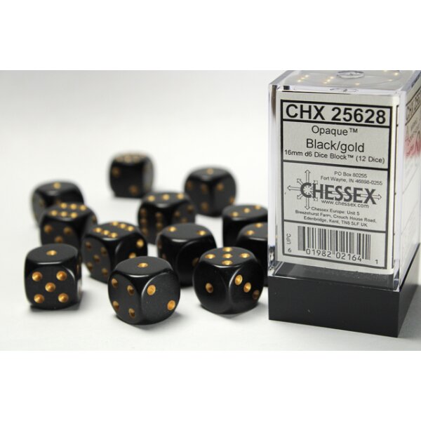 Opaque 16mm d6 with pips (12 Dice Block) - Black w/gold