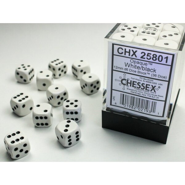 Opaque 12mm d6 with pips (36 Dice Block) - White w/black