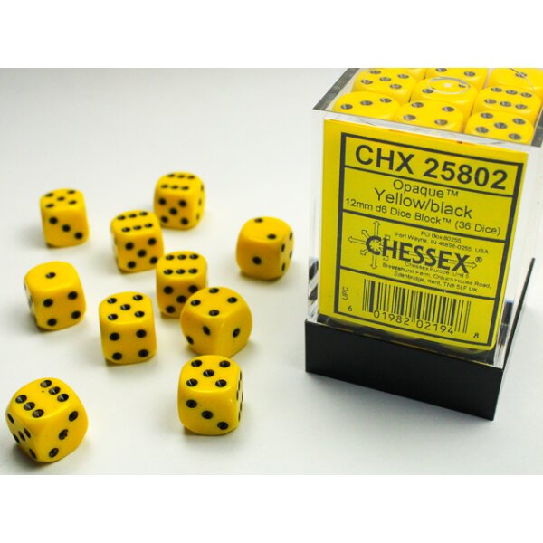 Opaque 12mm d6 with pips (36 Dice Block) - Yellow w/black