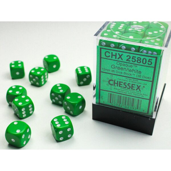 Opaque 12mm d6 with pips (36 Dice Block) - Green w/white