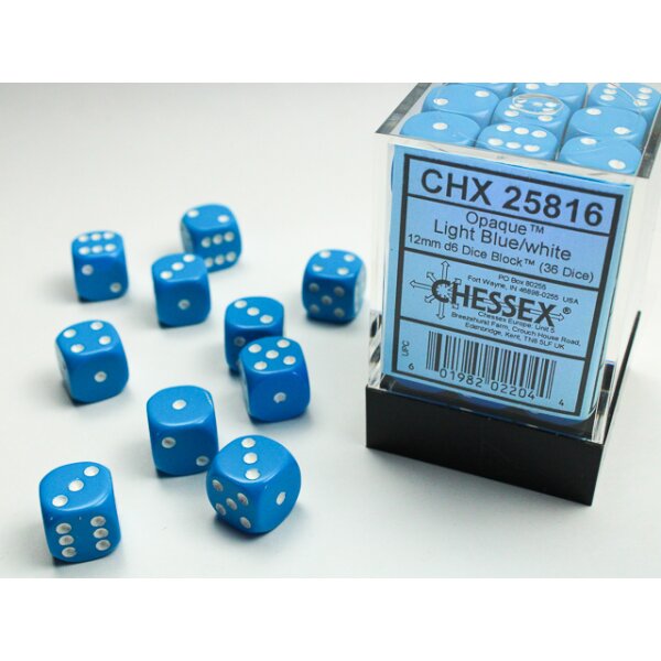 Opaque 12mm d6 with pips (36 Dice Block) - Light Blue w/white