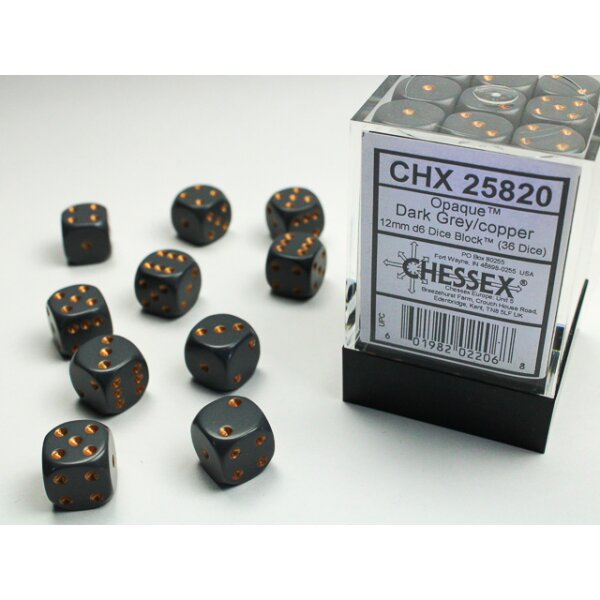 Opaque 12mm d6 with pips (36 Dice Block) - Dark Grey w/copper