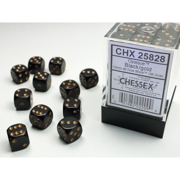 Opaque 12mm d6 with pips (36 Dice Block) - Black w/gold