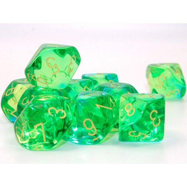 Ten d10 Set - Translucent Green-Teal/yellow