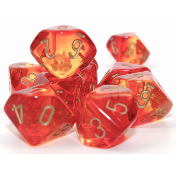 Ten d10 Set - Translucent Red-Yellow/gold