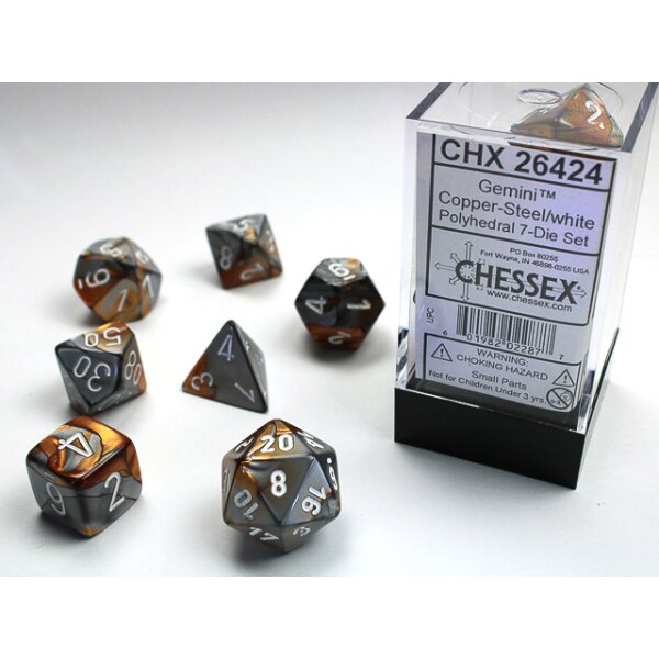 Gemini Polyhedral 7-Die Set - Copper-Steel w/white