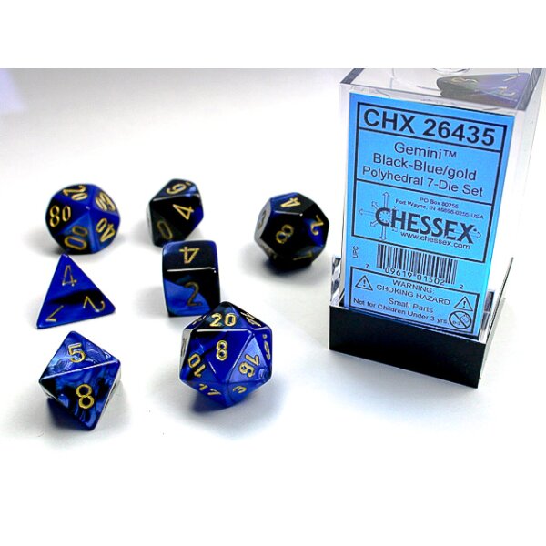 Gemini Polyhedral 7-Die Set - Black-Blue w/gold