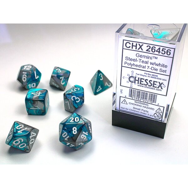 Gemini Polyhedral 7-Die Set - Steel-Teal w/white