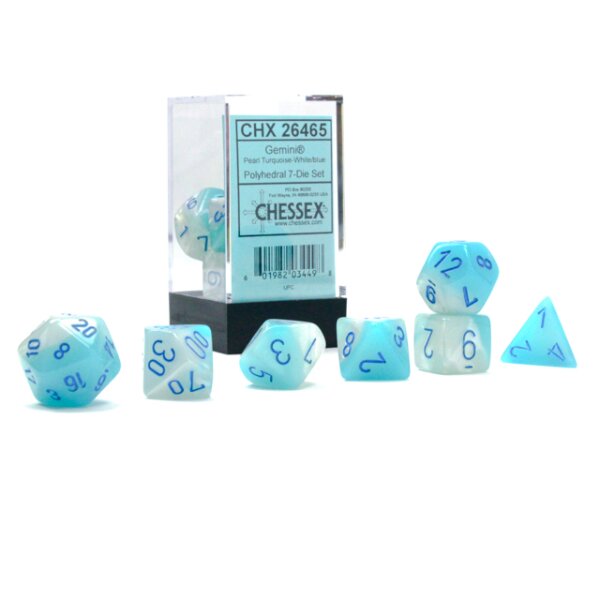 Gemini Polyhedral 7-Die Set - Pearl Turquoise-White/blue Luminary