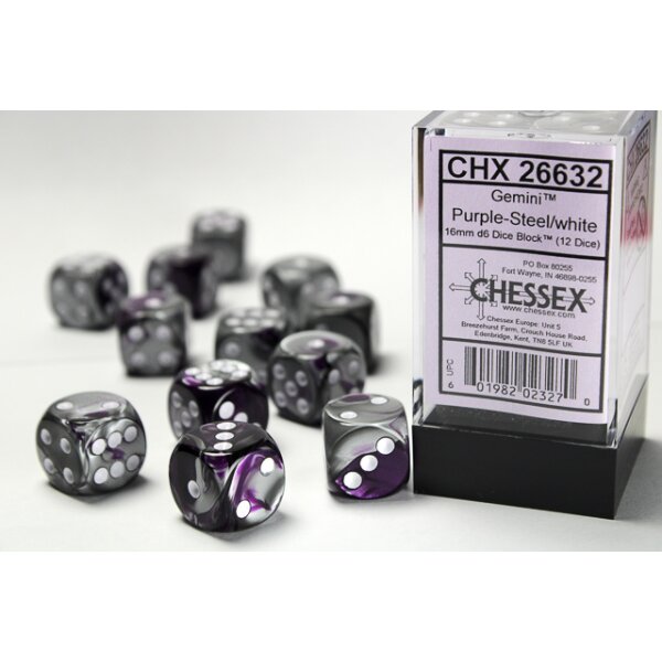 Gemini 16mm d6 with pips (12 Dice Block) - Purple-Steel w/white