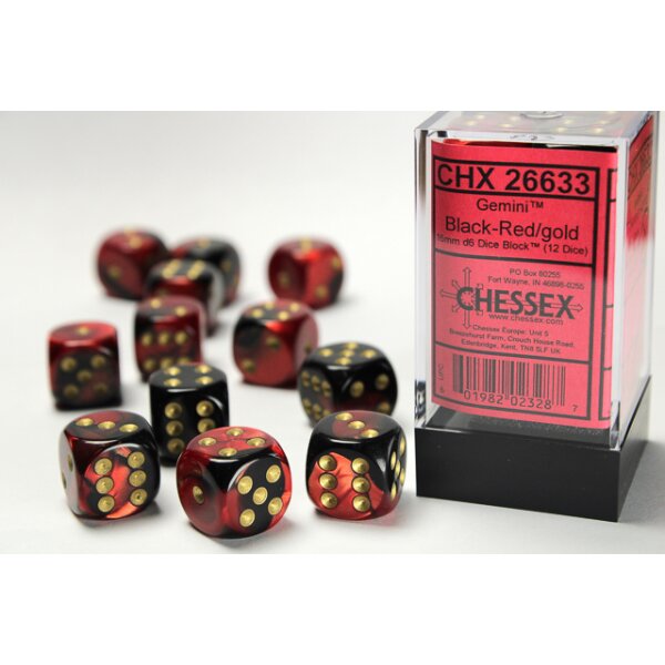 Gemini 16mm d6 with pips (12 Dice Block) - Black-Red w/gold