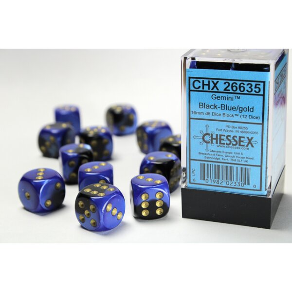 Gemini 16mm d6 with pips (12 Dice Block) - Black-Blue w/gold