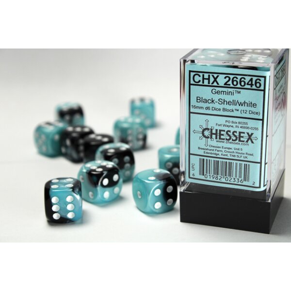 Gemini 16mm d6 with pips (12 Dice Block) - Black-Shell w/white