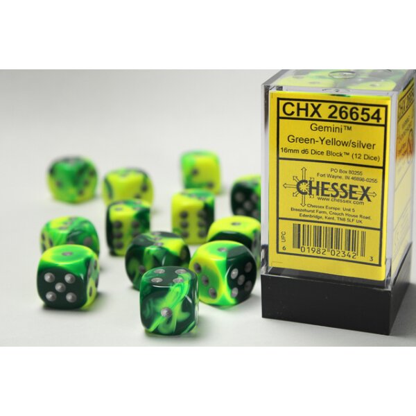 Gemini 16mm d6 with pips (12 Dice Block) - Green-Yellow w/silver