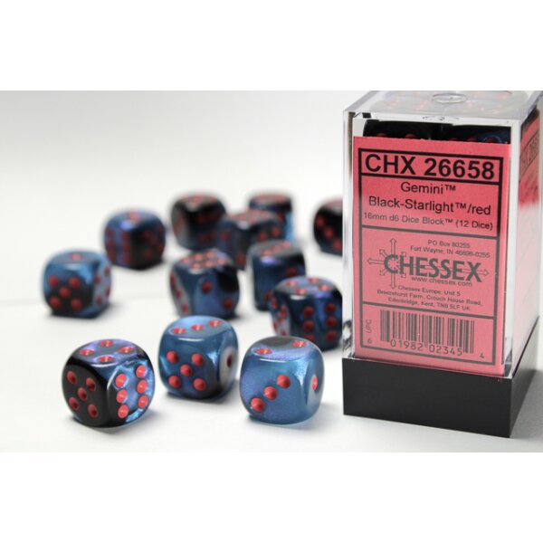 Gemini 16mm d6 with pips (12 Dice Block) - Black-Starlight w/red