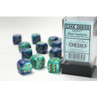 Gemini 16mm d6 with pips (12 Dice Block) - Blue-Teal w/gold