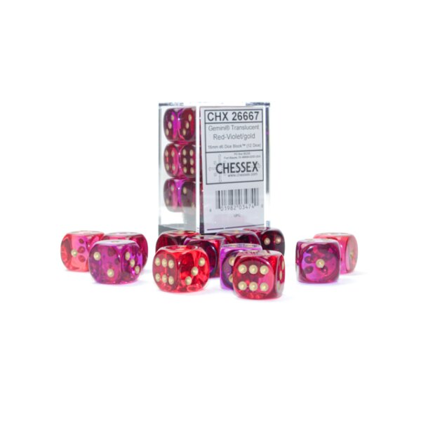 Gemini 16mm d6 with pips (12 Dice Block) - Translucent Red-Violet/gold