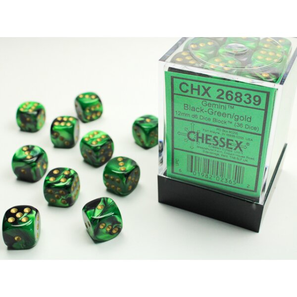 Gemini 12mm d6 with pips (36 Dice Block) - Black-Green w/gold