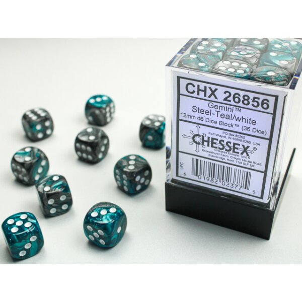 Gemini 12mm d6 with pips (36 Dice Block) - Steel-Teal w/white