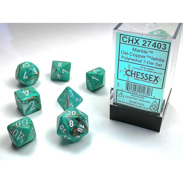 Polyhedral 7-Die Set - Marble Polyhedral Oxi-Copper/white