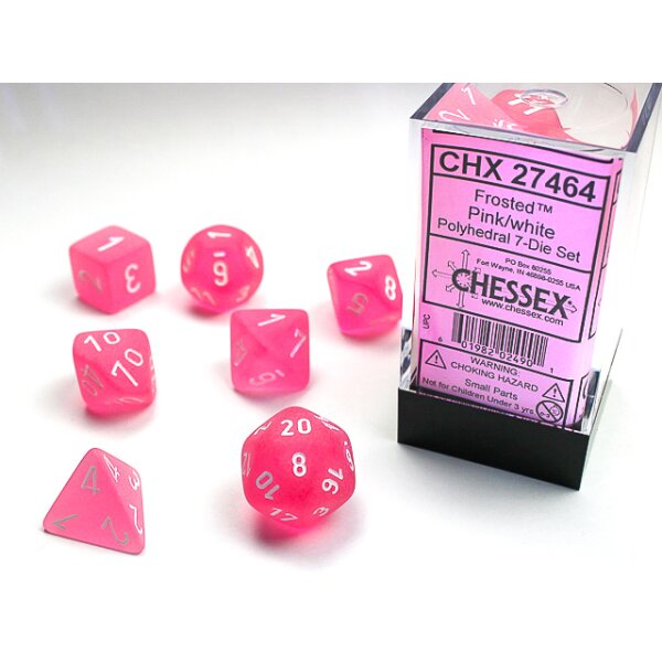 Polyhedral 7-Die Set - Frosted Polyheral Pink w/white