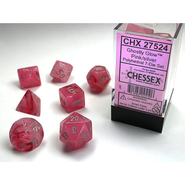 Polyhedral 7-Die Set - Ghostly Glow Pink/silver