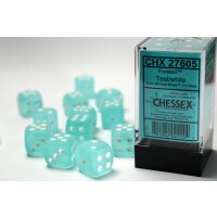 16mm d6 with pips (12 Dice Block) - Frosted Teal w/white