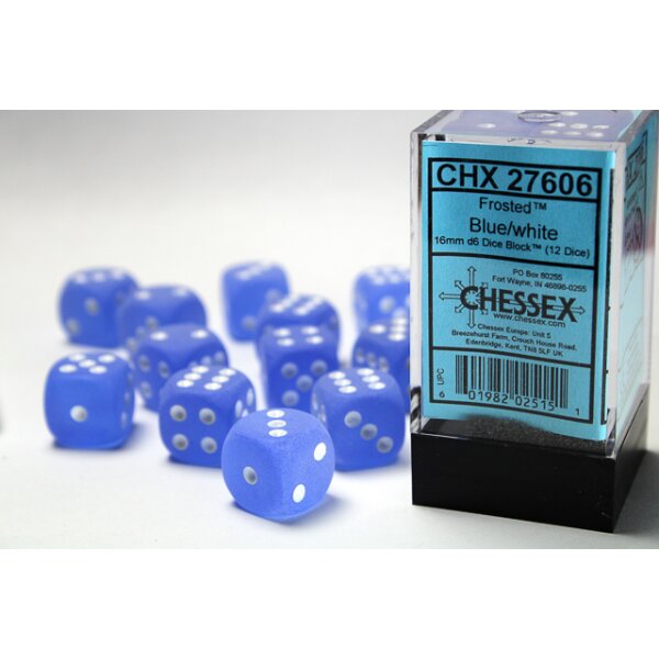 16mm d6 with pips (12 Dice Block) - Frosted Blue w/white