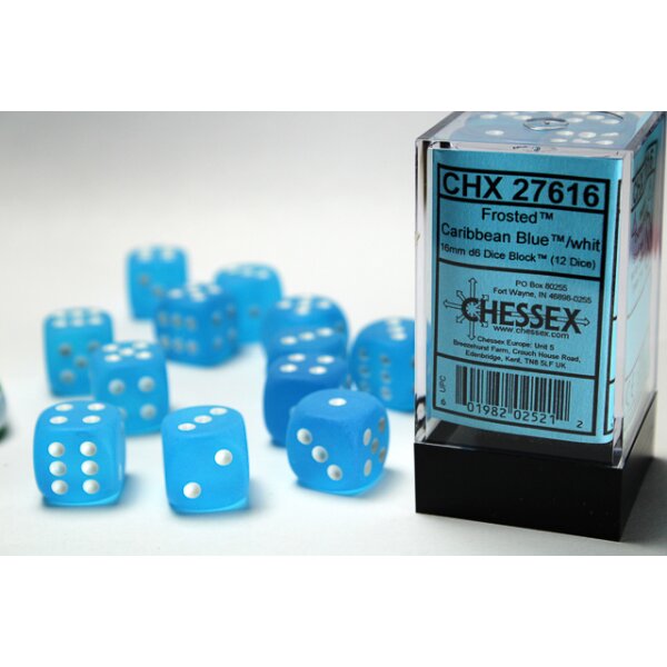 16mm d6 with pips (12 Dice Block) - Frosted Caribbean Blue w/white