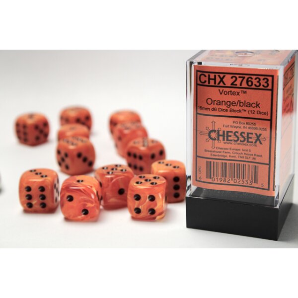 16mm d6 with pips (12 Dice Block) - Vortex Orange w/black