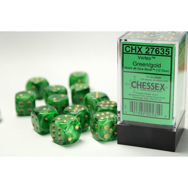 16mm d6 with pips (12 Dice Block) - Vortex Green w/gold