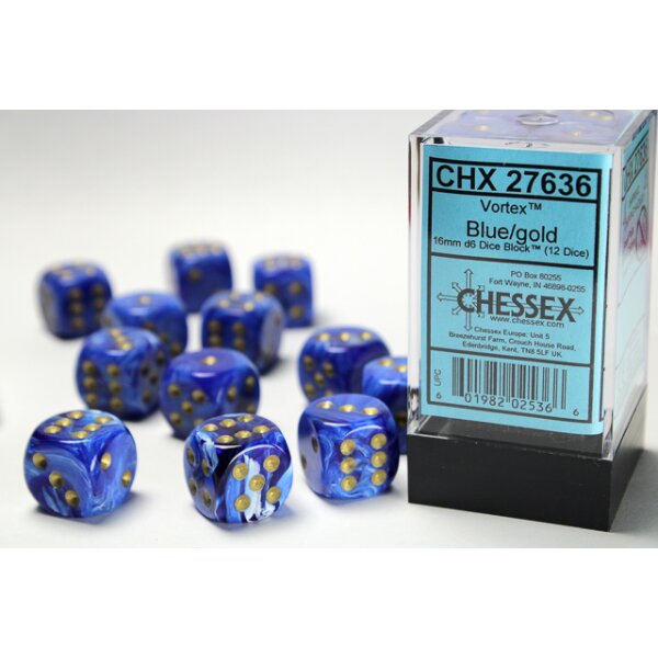 16mm d6 with pips (12 Dice Block) - Vortex Blue w/gold