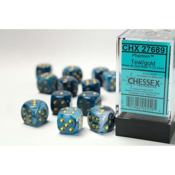 16mm d6 with pips (12 Dice Block) - Phantom Teal w/gold