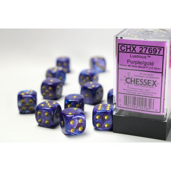 16mm d6 with pips (12 Dice Block) - Lustrous Purple w/gold
