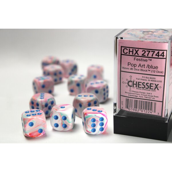 16mm d6 with pips (12 Dice Block) - Festive Polyhedral 16mm d6 Pop Art /blue