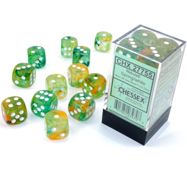 16mm d6 with pips (12 Dice Block) - Nebula TM 16mm d6 Spring/white Luminary Dice Block
