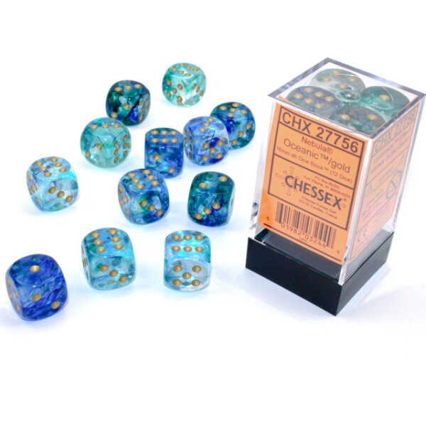16mm d6 with pips (12 Dice Block) - Nebula TM 16mm d6 Oceanic/gold Luminary Dice Block