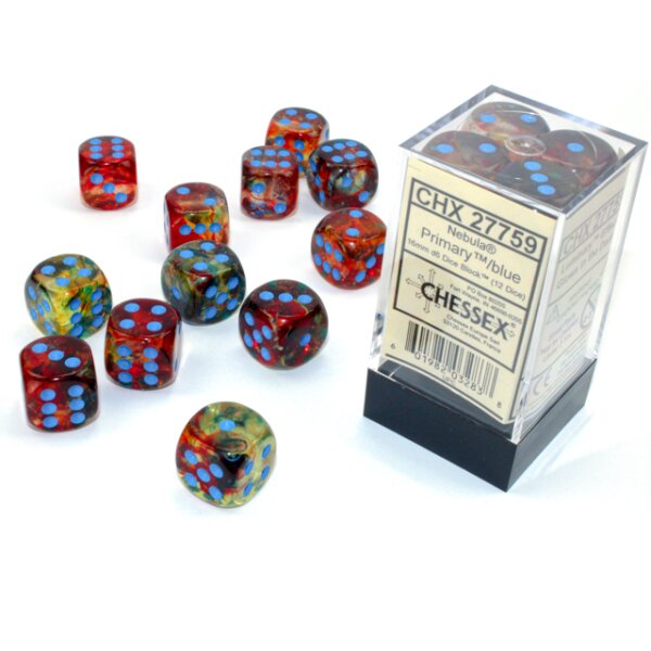 16mm d6 with pips (12 Dice Block) - Nebula TM 16mm d6 Primary/blue Luminary Dice Block