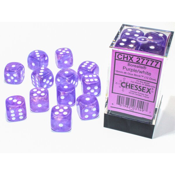 16mm d6 with pips (12 Dice Block) - Borealis 16mm d6 Purple/white Luminary Dice Block