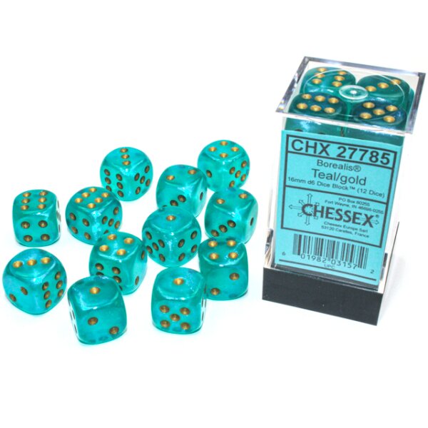 16mm d6 with pips (12 Dice Block) - Borealis 16mm d6 Teal/gold Luminary Dice Block