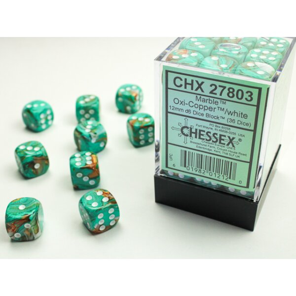 12mm d6 with pips (36 Dice Block) - Marble 12mm d6 Oxi-Copper/white